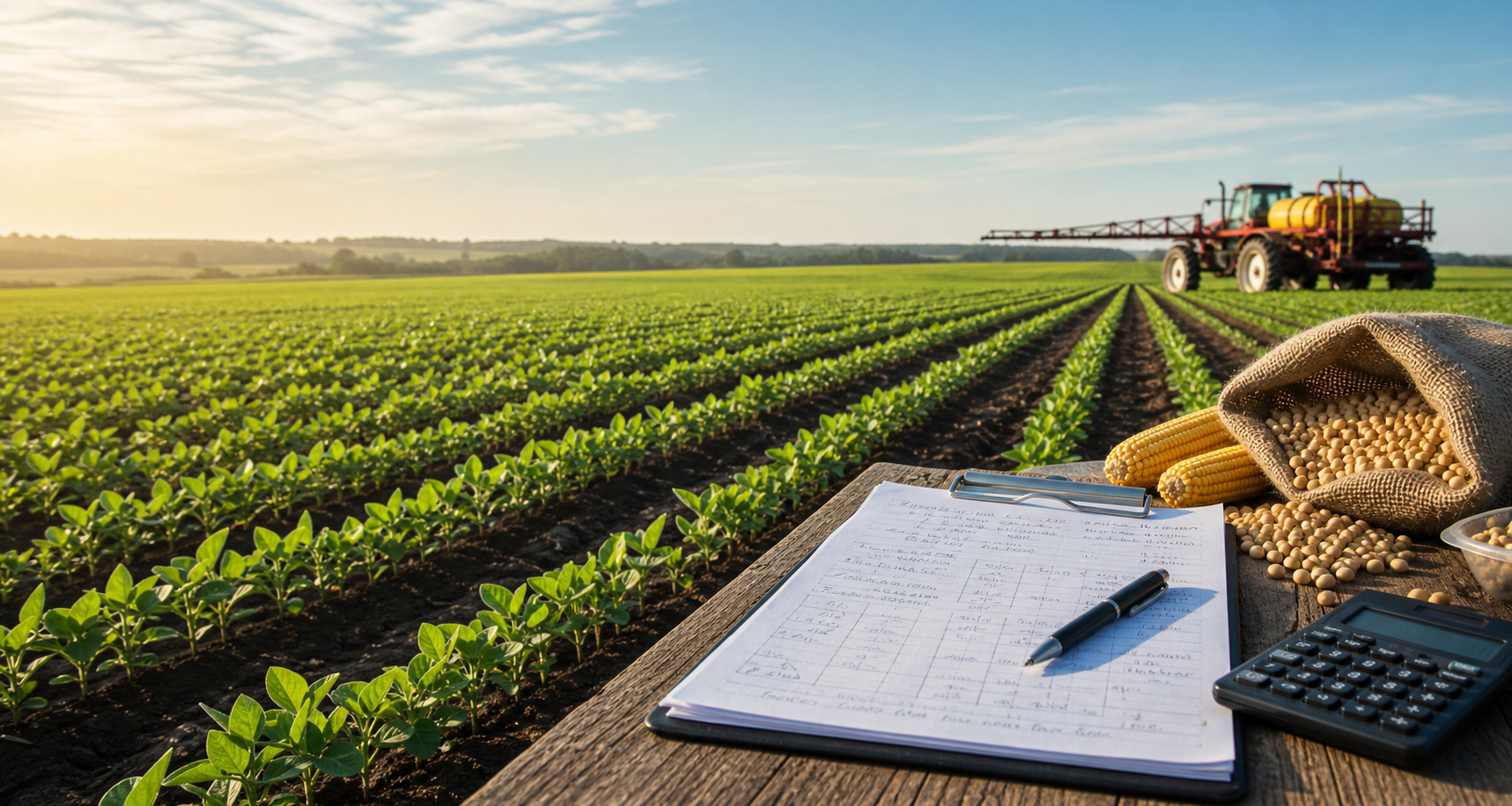 Cuaderno de campo con semillas y cultivo al fondo